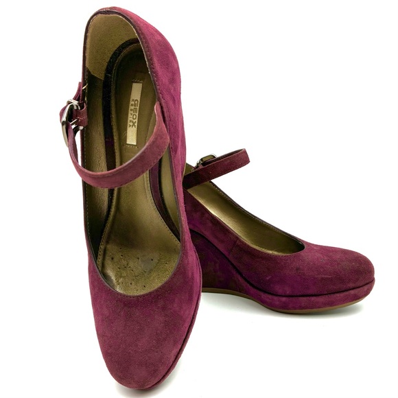 Geox Burgundy Wedges Shoes with Straps. BONUS Matching Fur Purse Charm - Picture 4 of 8